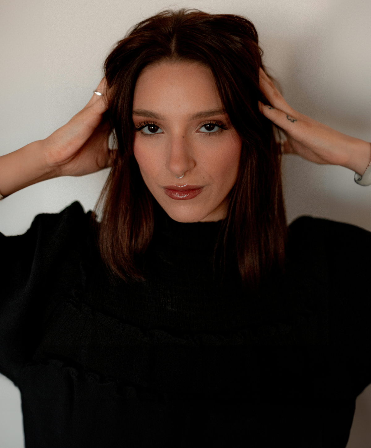 Portrait of an Avon deep plane facelift model with long hair.