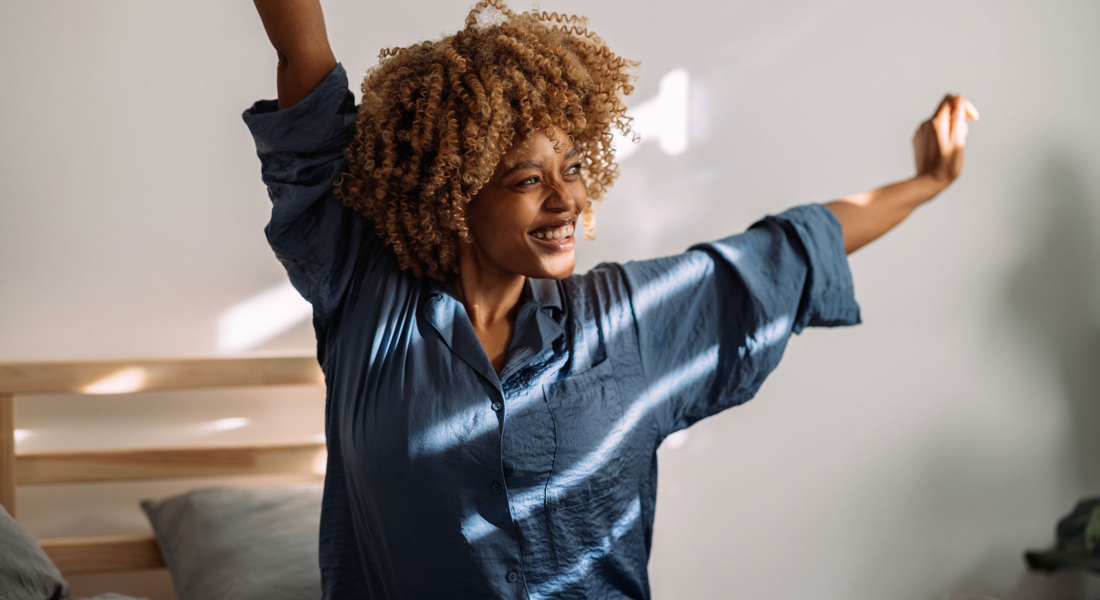 Happy person enjoying morning at home.