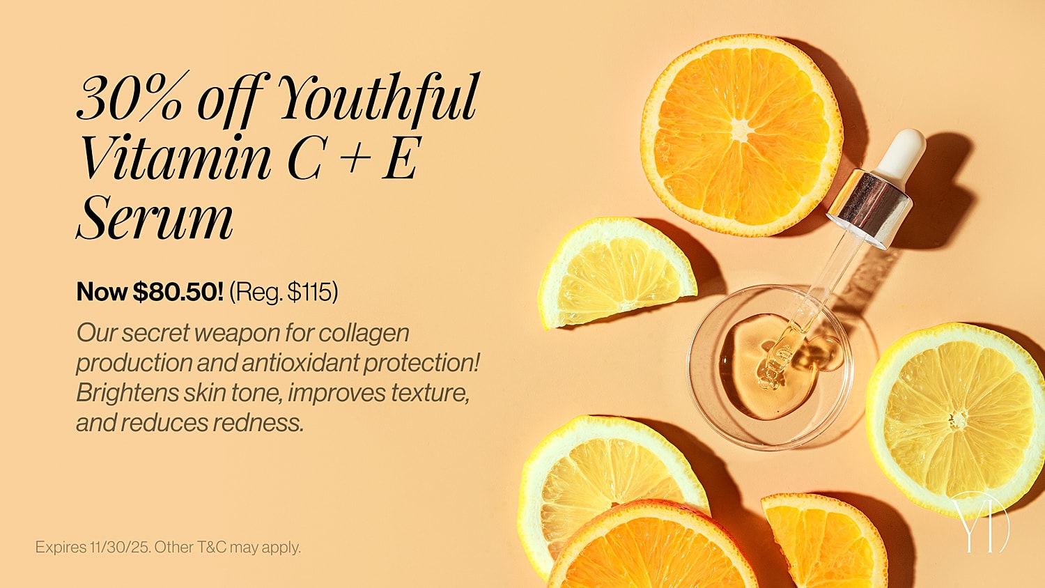Vitamin C serum with citrus slices background.